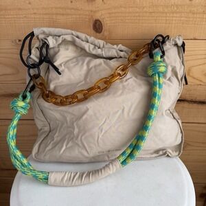 Rotunda Beige Nylon Hobo Bucket Bag Tortoiseshell Chain Rope Strap Funky *flaws